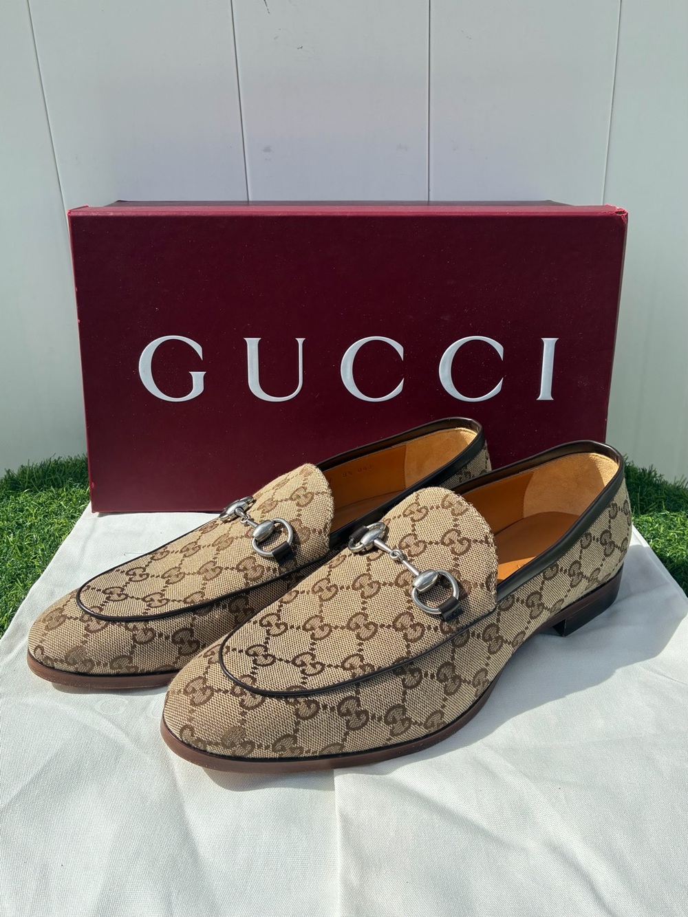 GUCCI CLASSIC BEIGE EBONY GG SUPREME MONOGRAM HORSEBIT JORDAAN LOAFERS G8.5 US9